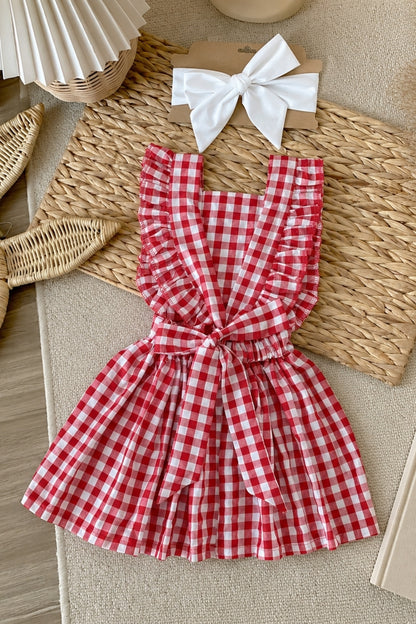 Rotes Kleid Violetta - mit Plaid Muster in rot und weiß, Rüschensaum und passendes Haarband